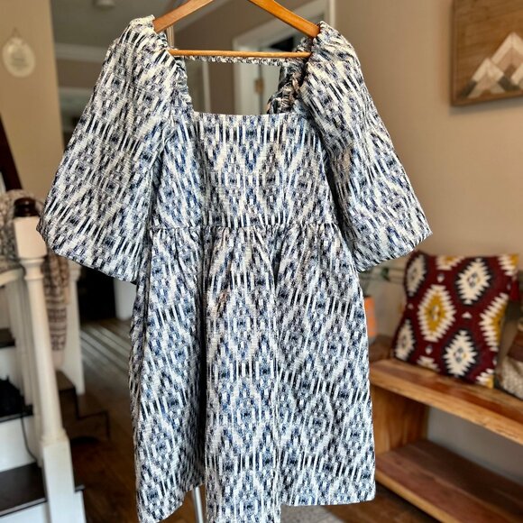 Munthe Chew Blue Ikat Puff Sleeve Babydoll Minidress Size 8 Medium with Pockets - Picture 4 of 14
